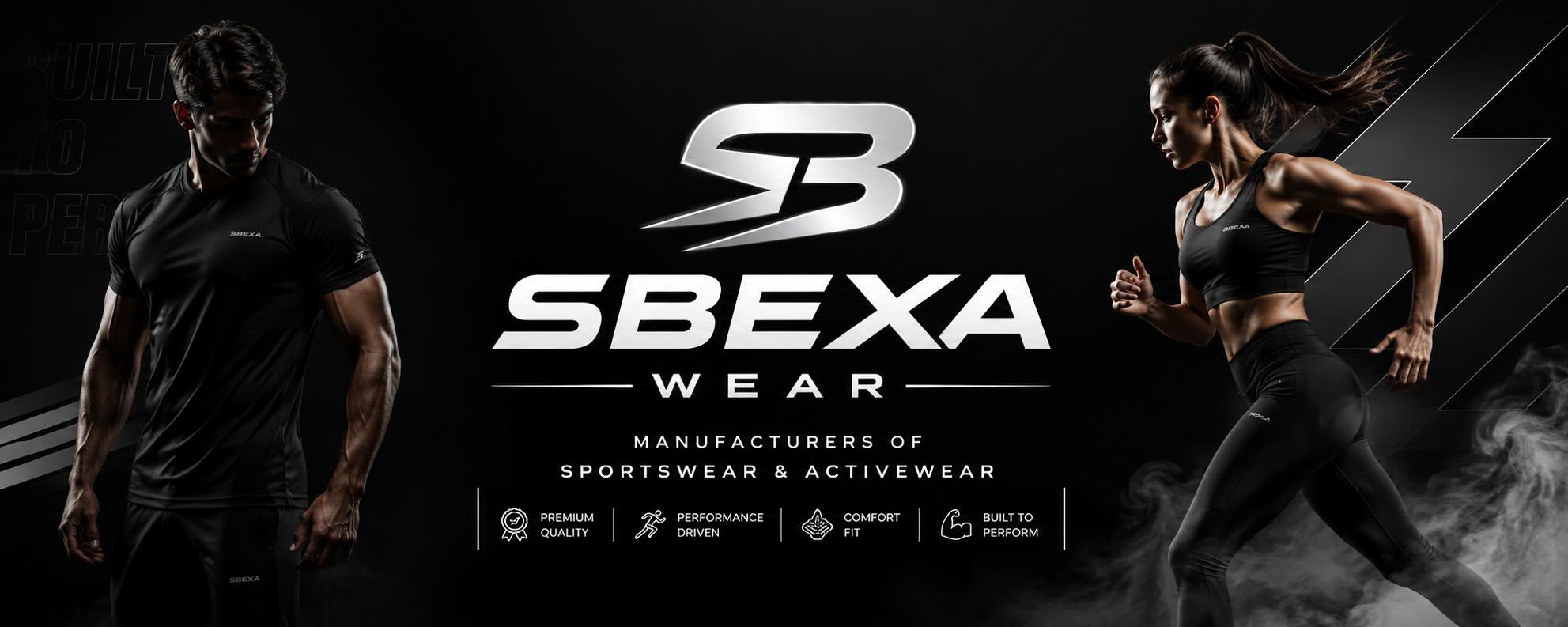 SBEXA Wear silver logo between two athletes in black sportswear. Manufacturers of sportswear and activewear.